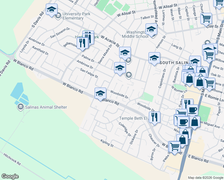 map of restaurants, bars, coffee shops, grocery stores, and more near 1095 Woodside Drive in Salinas
