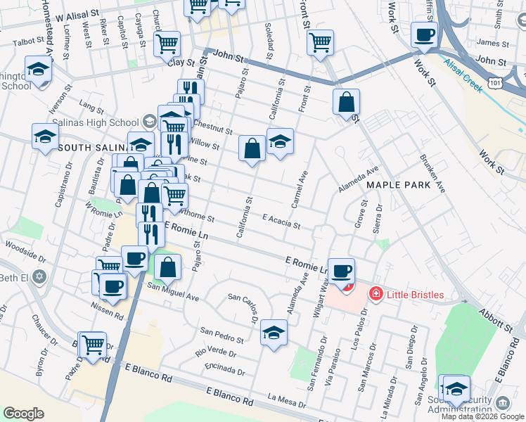 map of restaurants, bars, coffee shops, grocery stores, and more near 219 East Acacia Street in Salinas