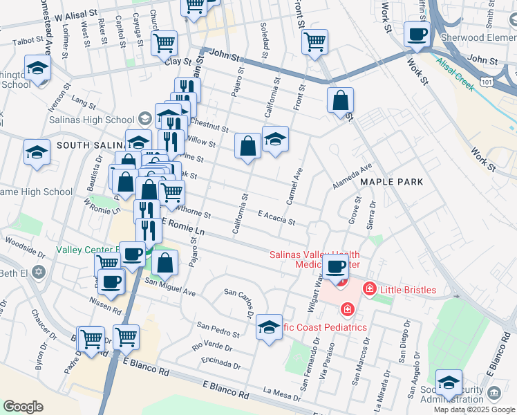 map of restaurants, bars, coffee shops, grocery stores, and more near 219 East Acacia Street in Salinas