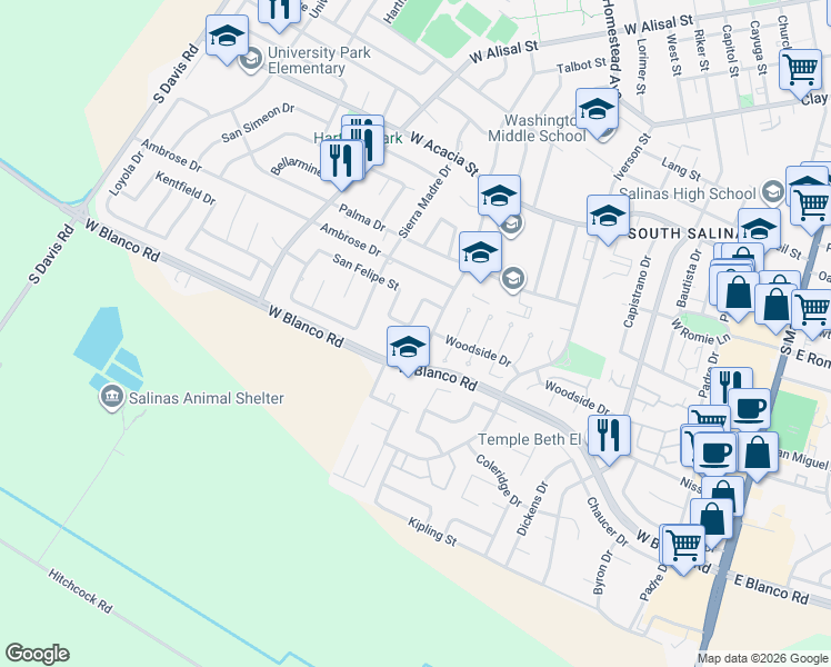 map of restaurants, bars, coffee shops, grocery stores, and more near 547 San Felipe Street in Salinas