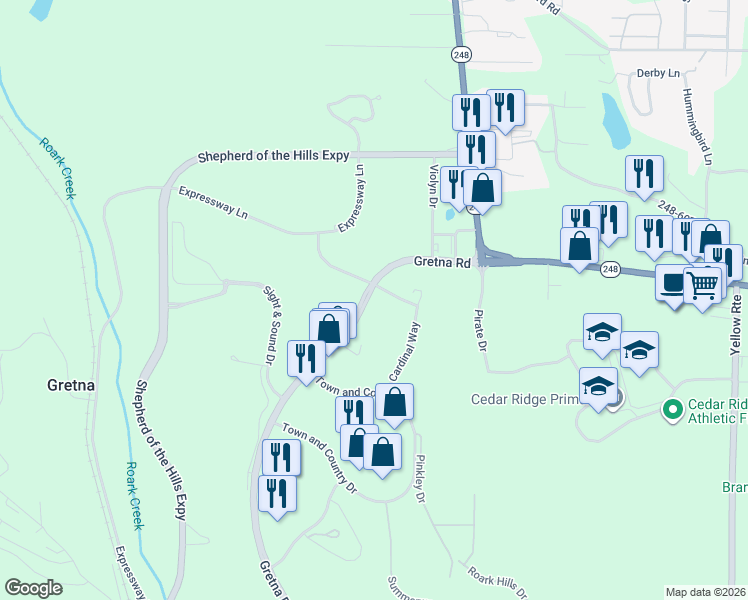 map of restaurants, bars, coffee shops, grocery stores, and more near 4003-5701 Gretna Rd in Branson