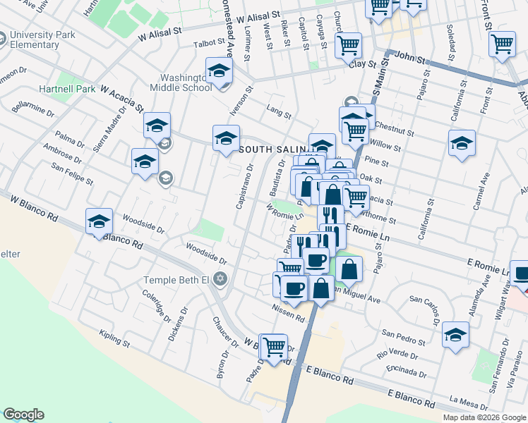 map of restaurants, bars, coffee shops, grocery stores, and more near 906 Bautista Drive in Salinas