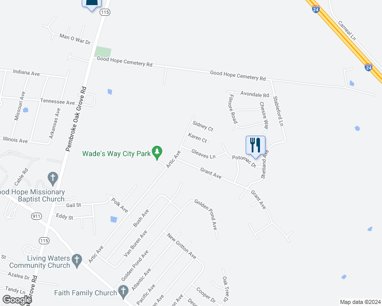 map of restaurants, bars, coffee shops, grocery stores, and more near 105 Gleaves Lane in Oak Grove