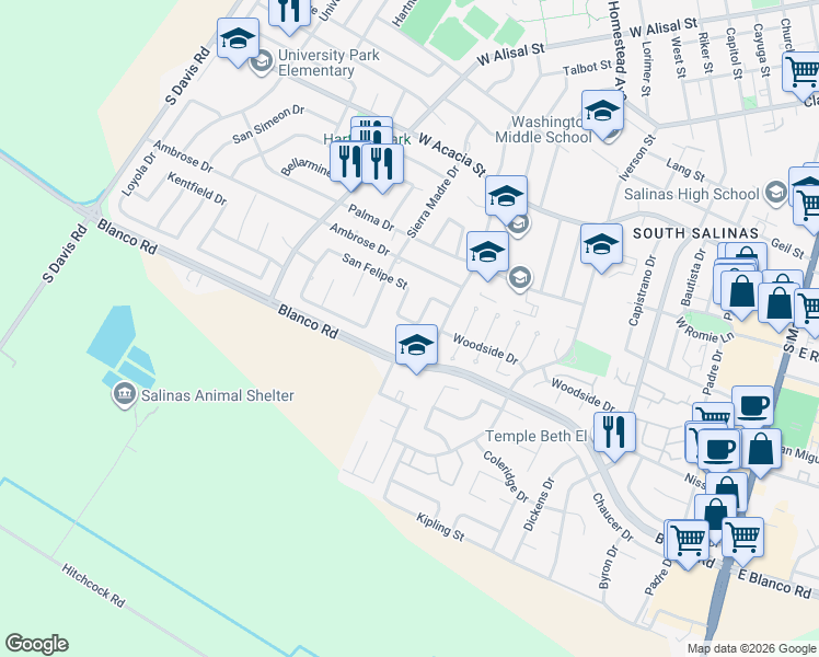 map of restaurants, bars, coffee shops, grocery stores, and more near 547 San Felipe Street in Salinas
