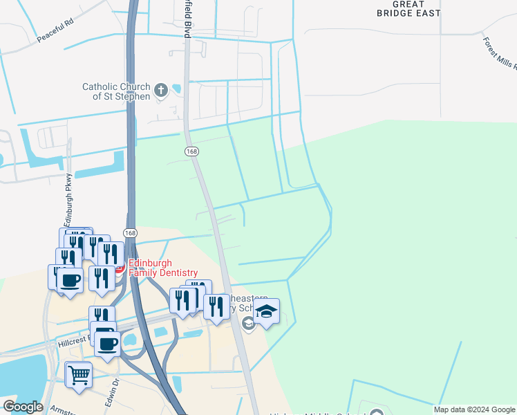map of restaurants, bars, coffee shops, grocery stores, and more near 1721 Battlefield Boulevard South in Chesapeake