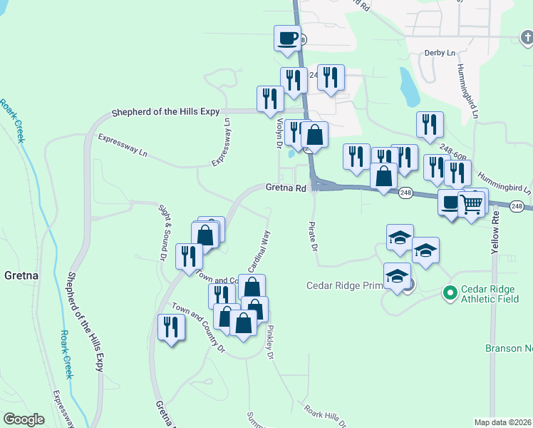 map of restaurants, bars, coffee shops, grocery stores, and more near 251 Branson Meadows Drive in Branson