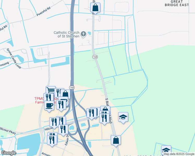 map of restaurants, bars, coffee shops, grocery stores, and more near 1716 Virginia 168 Business in Chesapeake