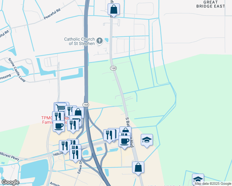 map of restaurants, bars, coffee shops, grocery stores, and more near 1716 Virginia 168 Business in Chesapeake