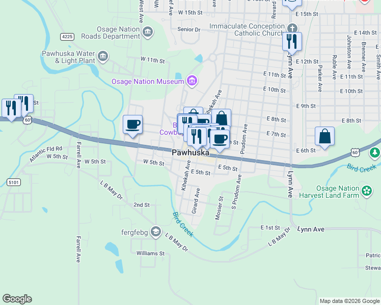 map of restaurants, bars, coffee shops, grocery stores, and more near in Pawhuska
