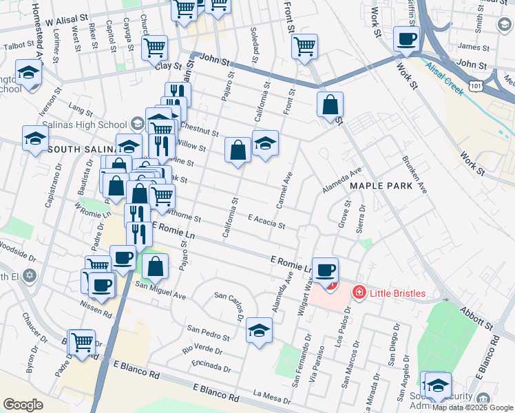 map of restaurants, bars, coffee shops, grocery stores, and more near 217 East Acacia Street in Salinas