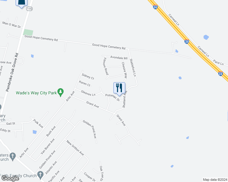 map of restaurants, bars, coffee shops, grocery stores, and more near 112 Josephines Court in Oak Grove