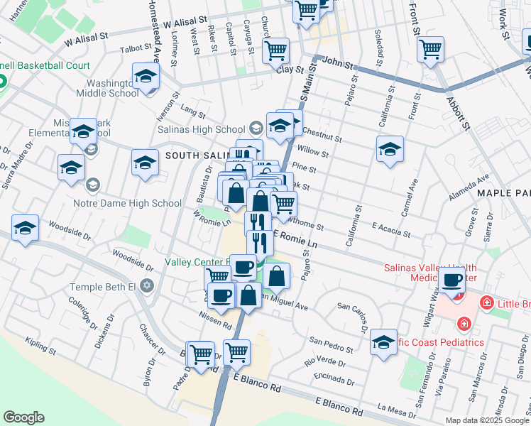 map of restaurants, bars, coffee shops, grocery stores, and more near 926 1/2 South Main Street in Salinas