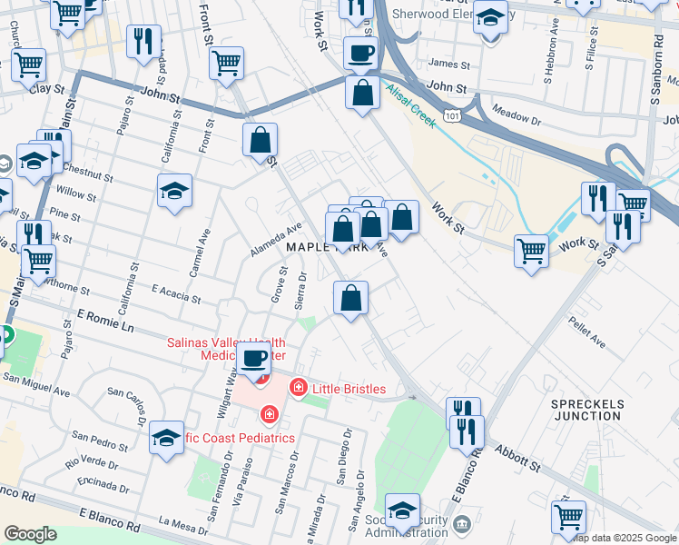 map of restaurants, bars, coffee shops, grocery stores, and more near 548 Abbott Street in Salinas