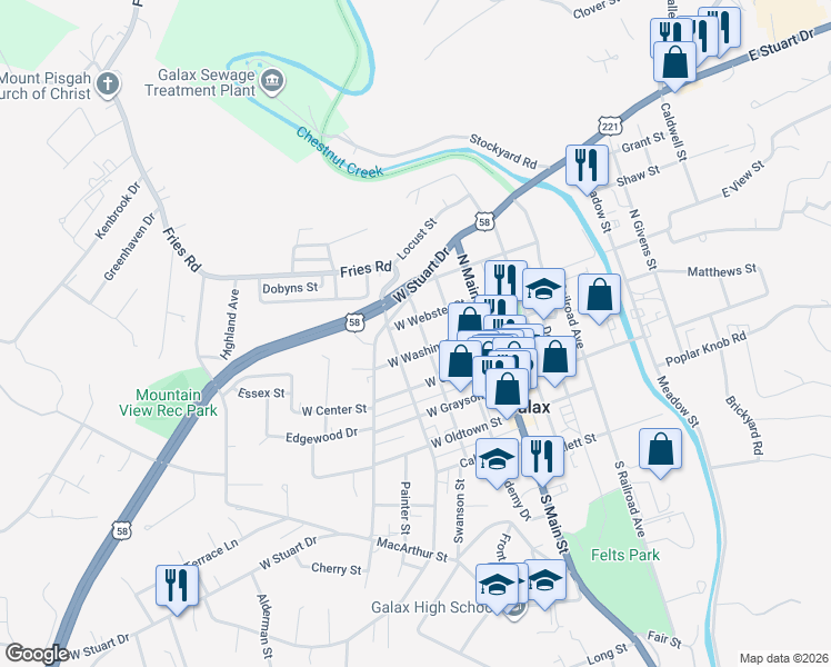 map of restaurants, bars, coffee shops, grocery stores, and more near 300-356 West Washington Street in Galax