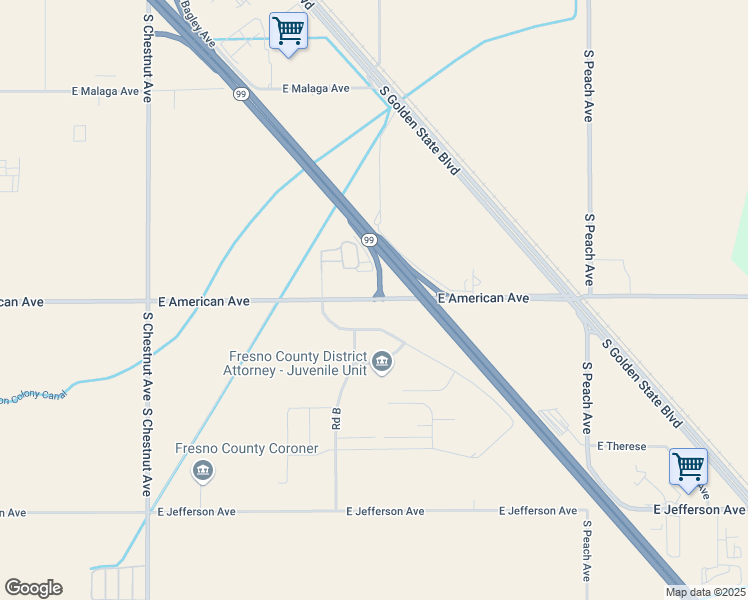 map of restaurants, bars, coffee shops, grocery stores, and more near 3333 East American Avenue in Fresno