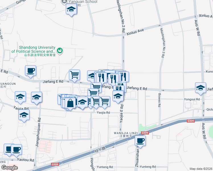 map of restaurants, bars, coffee shops, grocery stores, and more near Jie Fang Dong Lu in Ji Nan Shi