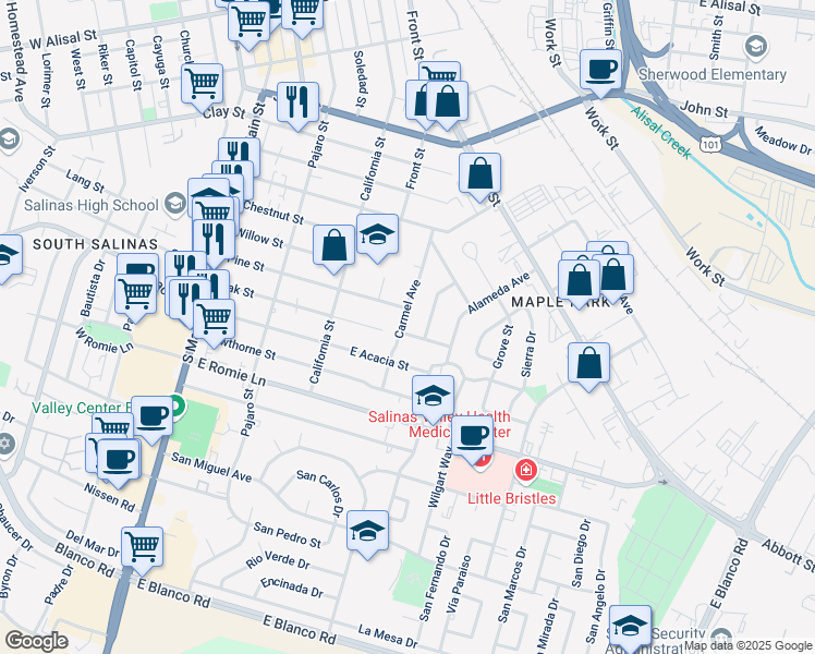 map of restaurants, bars, coffee shops, grocery stores, and more near 3 El Paso Place in Salinas