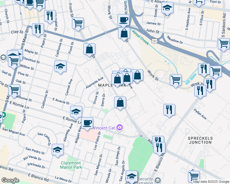 map of restaurants, bars, coffee shops, grocery stores, and more near 548 Abbott Street in Salinas