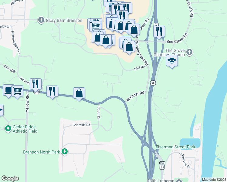 map of restaurants, bars, coffee shops, grocery stores, and more near 545-655 Highway 248 in Branson