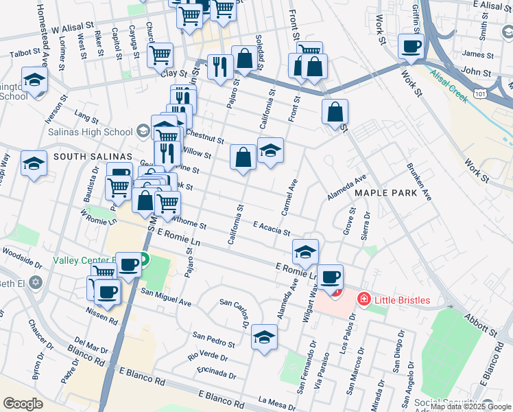 map of restaurants, bars, coffee shops, grocery stores, and more near 202 Pine Street in Salinas