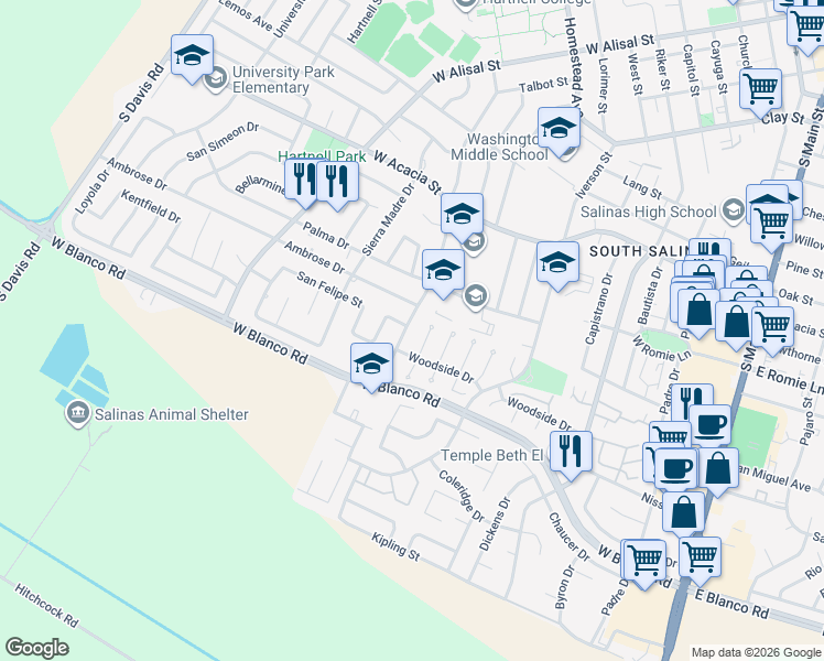 map of restaurants, bars, coffee shops, grocery stores, and more near 1050 San Vincente Avenue in Salinas