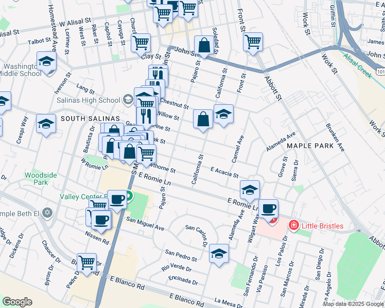 map of restaurants, bars, coffee shops, grocery stores, and more near 125 Oak Street in Salinas