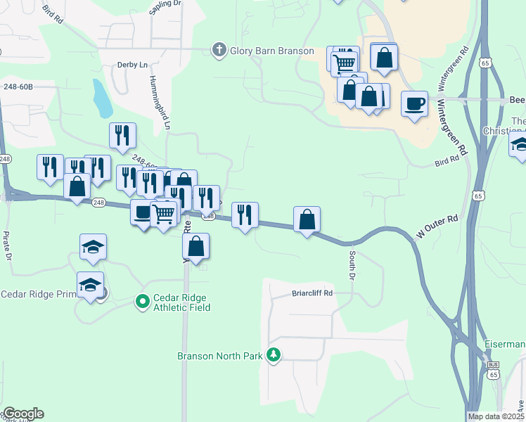 map of restaurants, bars, coffee shops, grocery stores, and more near 174 Callaway Court in Branson
