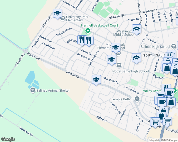 map of restaurants, bars, coffee shops, grocery stores, and more near 1077 Sierra Madre Drive in Salinas