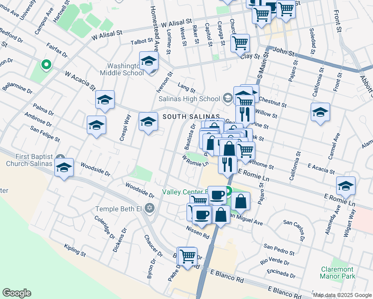 map of restaurants, bars, coffee shops, grocery stores, and more near 841 Bautista Drive in Salinas