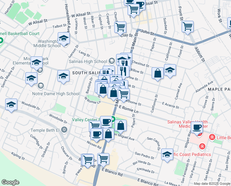 map of restaurants, bars, coffee shops, grocery stores, and more near 838 South Main Street in Salinas