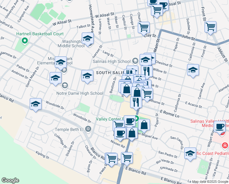 map of restaurants, bars, coffee shops, grocery stores, and more near 832 Bautista Drive in Salinas