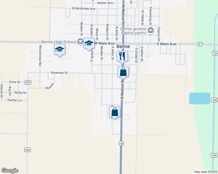 map of restaurants, bars, coffee shops, grocery stores, and more near 418 Medler Street in Bernie