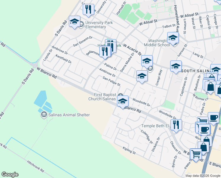 map of restaurants, bars, coffee shops, grocery stores, and more near 1068 Sierra Madre Drive in Salinas