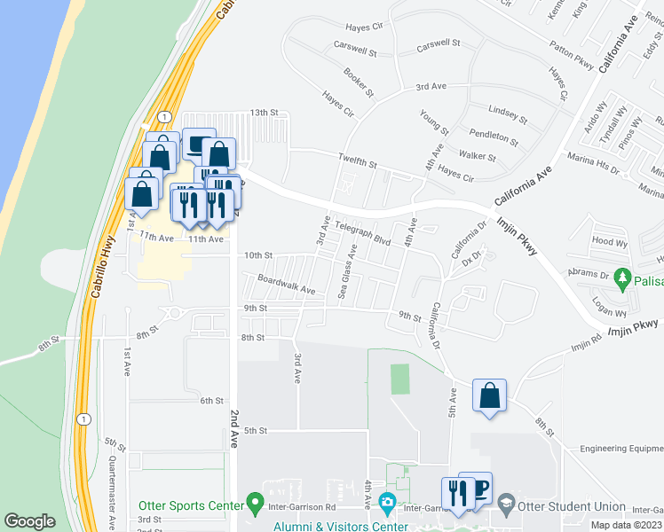 map of restaurants, bars, coffee shops, grocery stores, and more near Bungalow Drive in Marina