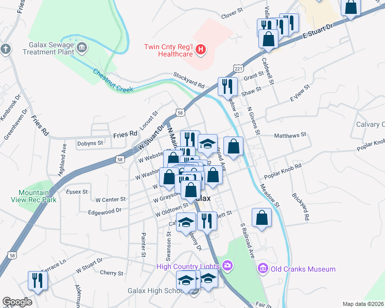 map of restaurants, bars, coffee shops, grocery stores, and more near 102 East Webster Street in Galax