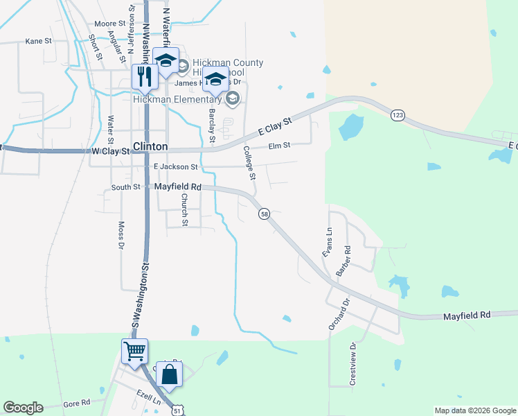 map of restaurants, bars, coffee shops, grocery stores, and more near Mayfield Road in Clinton