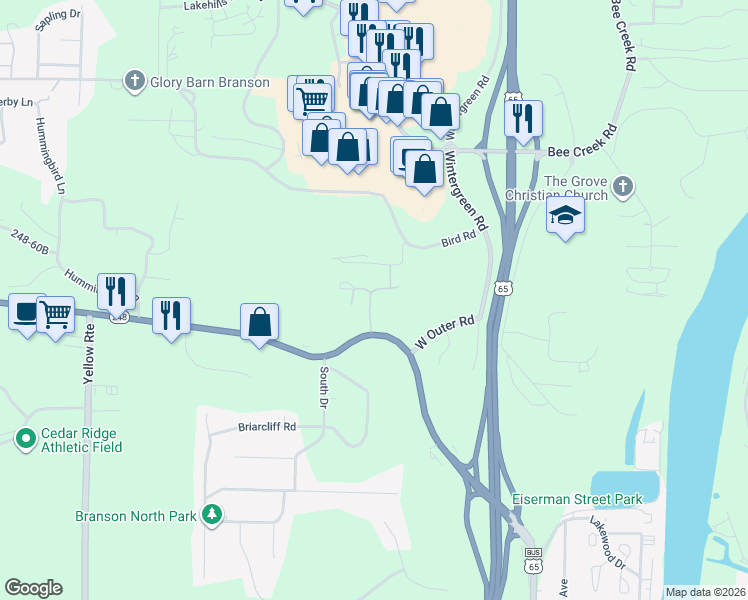 map of restaurants, bars, coffee shops, grocery stores, and more near 640 State Highway 248 in Branson