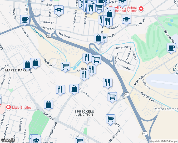 map of restaurants, bars, coffee shops, grocery stores, and more near South Sanborn Road in Salinas