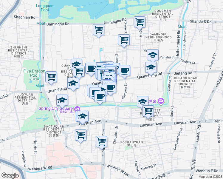 map of restaurants, bars, coffee shops, grocery stores, and more near Tian Di Tan Jie in Ji Nan Shi