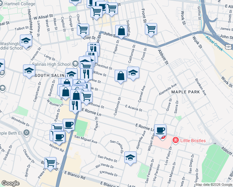 map of restaurants, bars, coffee shops, grocery stores, and more near 125 Oak Street in Salinas