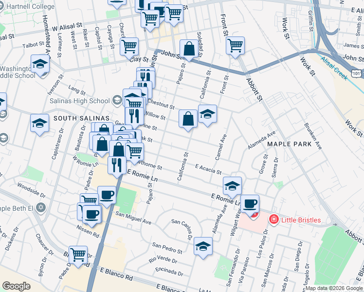 map of restaurants, bars, coffee shops, grocery stores, and more near 125 Oak Street in Salinas
