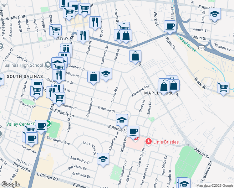 map of restaurants, bars, coffee shops, grocery stores, and more near 36 Los Laureles Avenue in Salinas