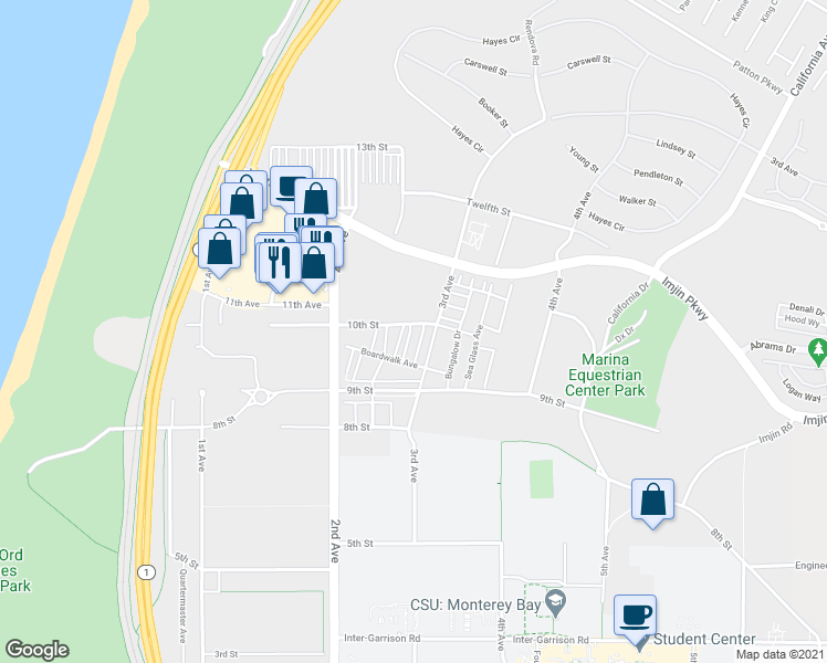 map of restaurants, bars, coffee shops, grocery stores, and more near 3015 Shorebird Place in Marina