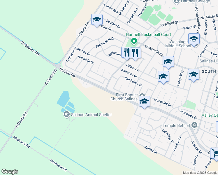 map of restaurants, bars, coffee shops, grocery stores, and more near 1151 West Alisal Street in Salinas