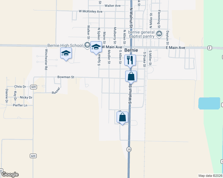 map of restaurants, bars, coffee shops, grocery stores, and more near 418 Medler Street in Bernie