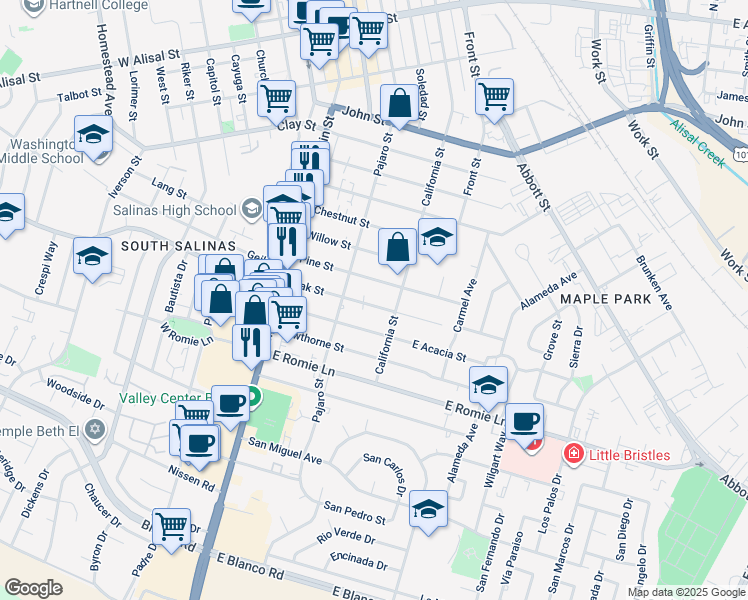 map of restaurants, bars, coffee shops, grocery stores, and more near 125 Oak Street in Salinas