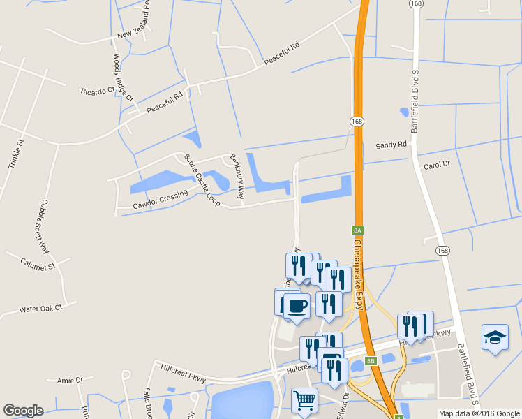 map of restaurants, bars, coffee shops, grocery stores, and more near 305 Scone Castle Loop in Chesapeake