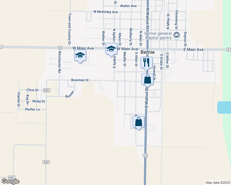 map of restaurants, bars, coffee shops, grocery stores, and more near 419 South Spiker Street in Bernie