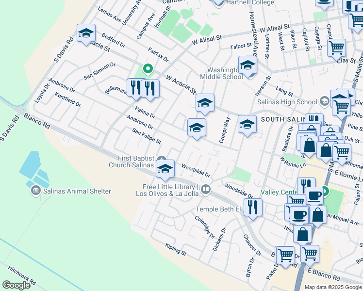 map of restaurants, bars, coffee shops, grocery stores, and more near 1050 San Vincente Avenue in Salinas