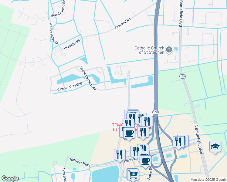 map of restaurants, bars, coffee shops, grocery stores, and more near 305 Scone Castle Loop in Chesapeake